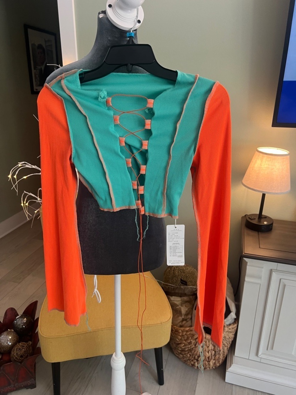 Two-Color Lace-Up Long Sleeve Crop Top — Orange & Teal